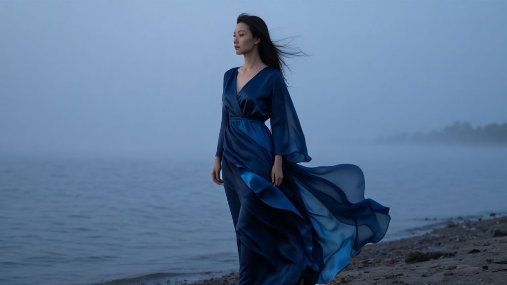 Женщина в летящем синем платье на берегу моря как символ спокойствия водной стихии