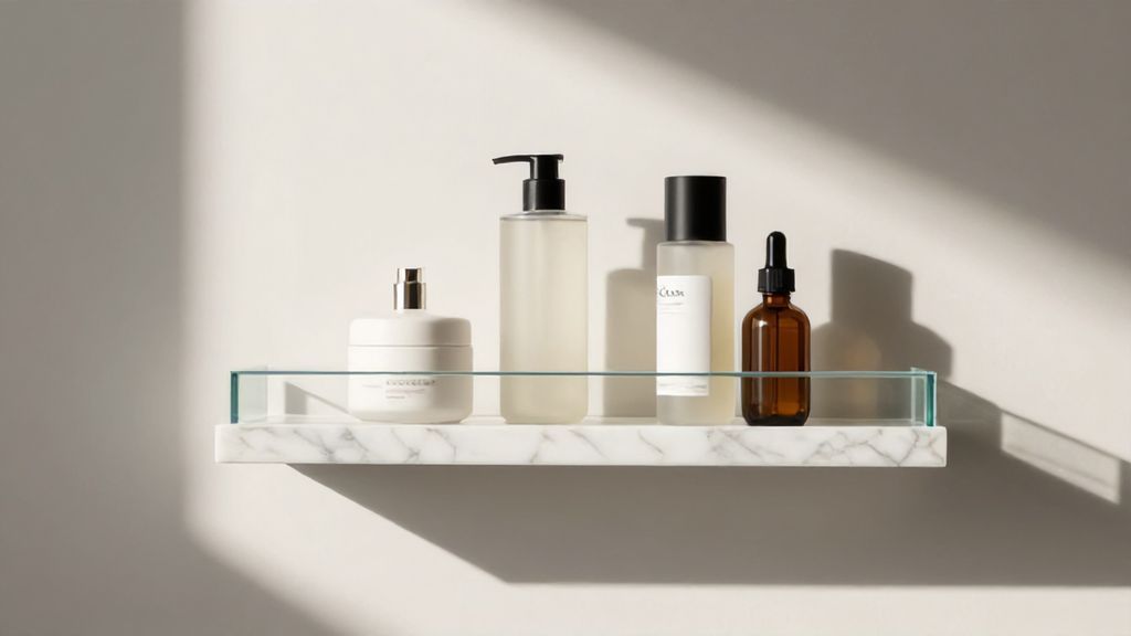 Элитная косметика для ухода за кожей на мраморной полке