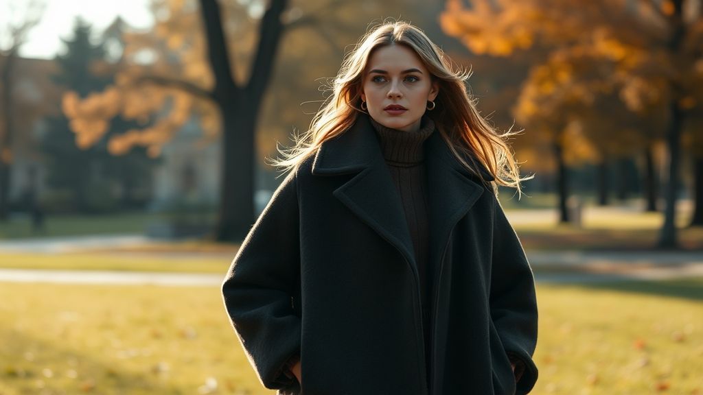 Многослойный образ с длинным пальто на высокой фигуре