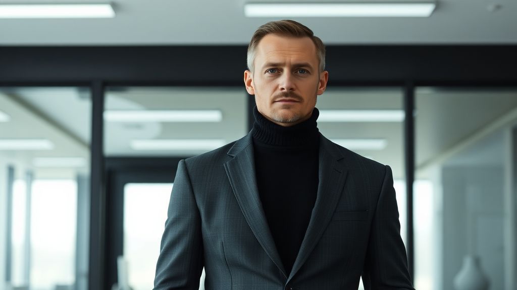 Деловой мужской образ с костюмом и водолазкой без галстука