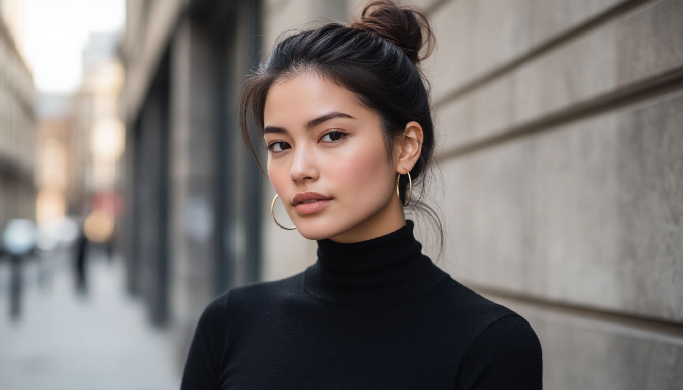 Женщина в черной водолазке с собранными волосами и в серьгах-кольцах