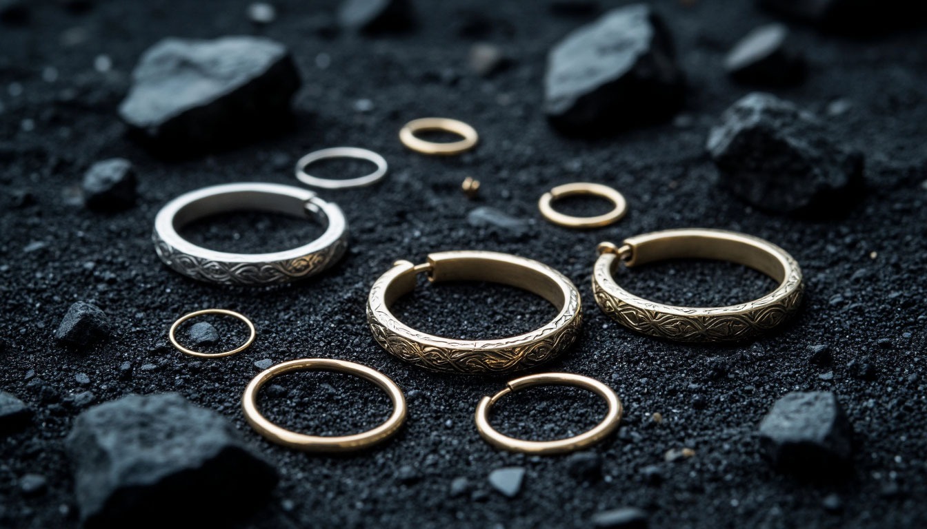 Старинные серебряные серьги-кольца на темном песке